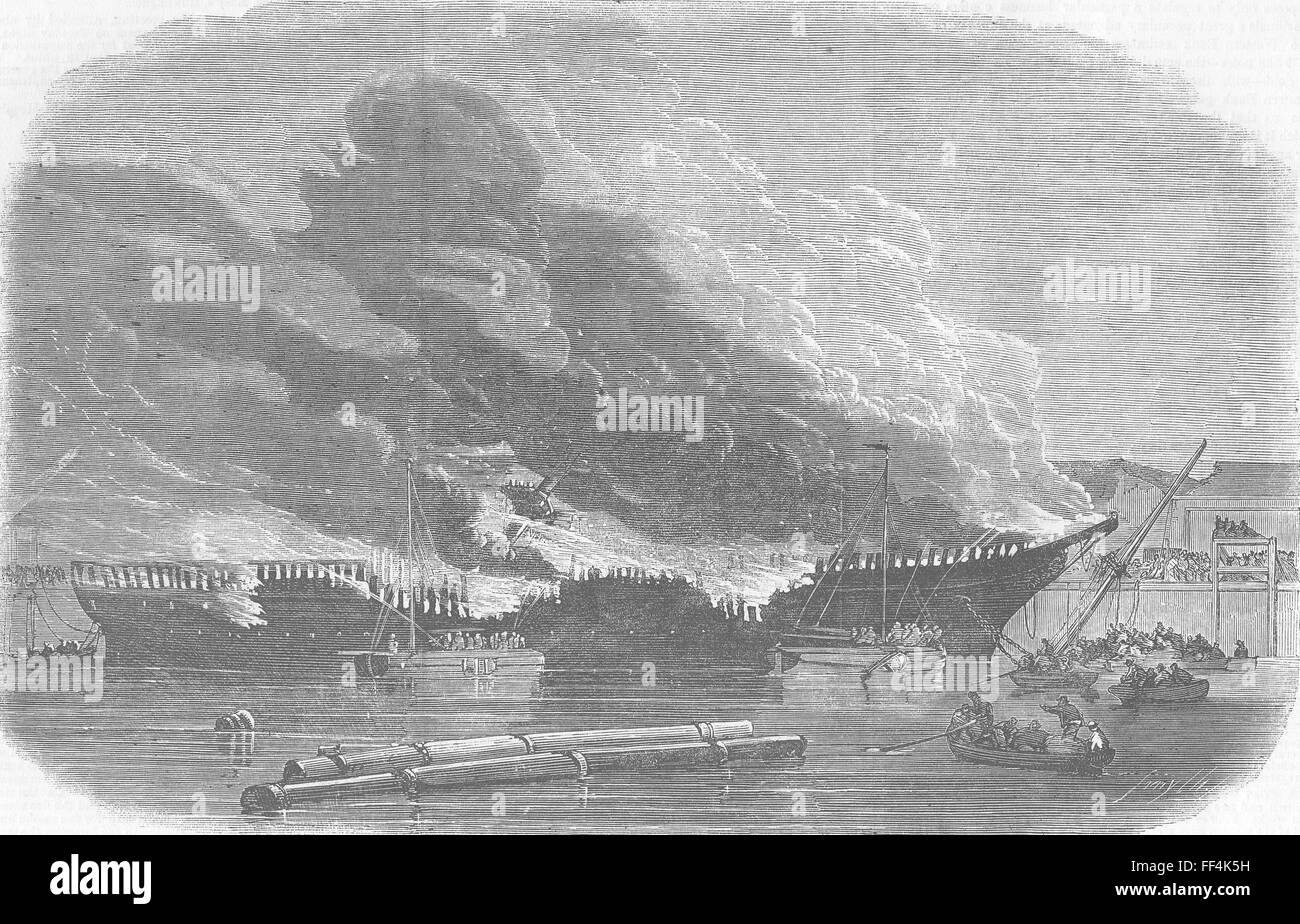 LIVERPOOL Burning of James Baines, Huskisson Dock 1858. Illustrated