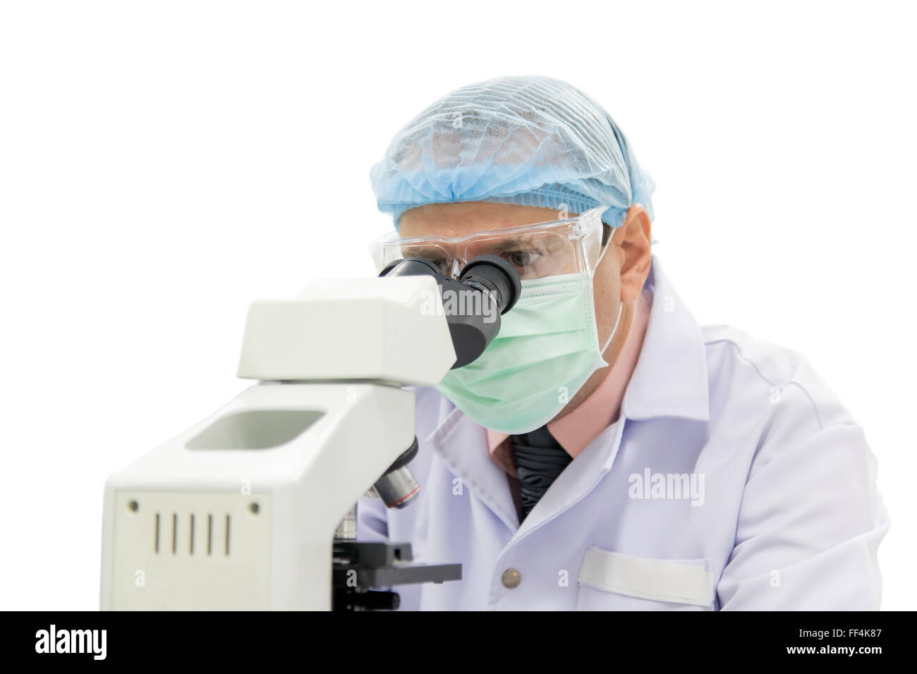 researcher working with microscope isolated on white background Stock