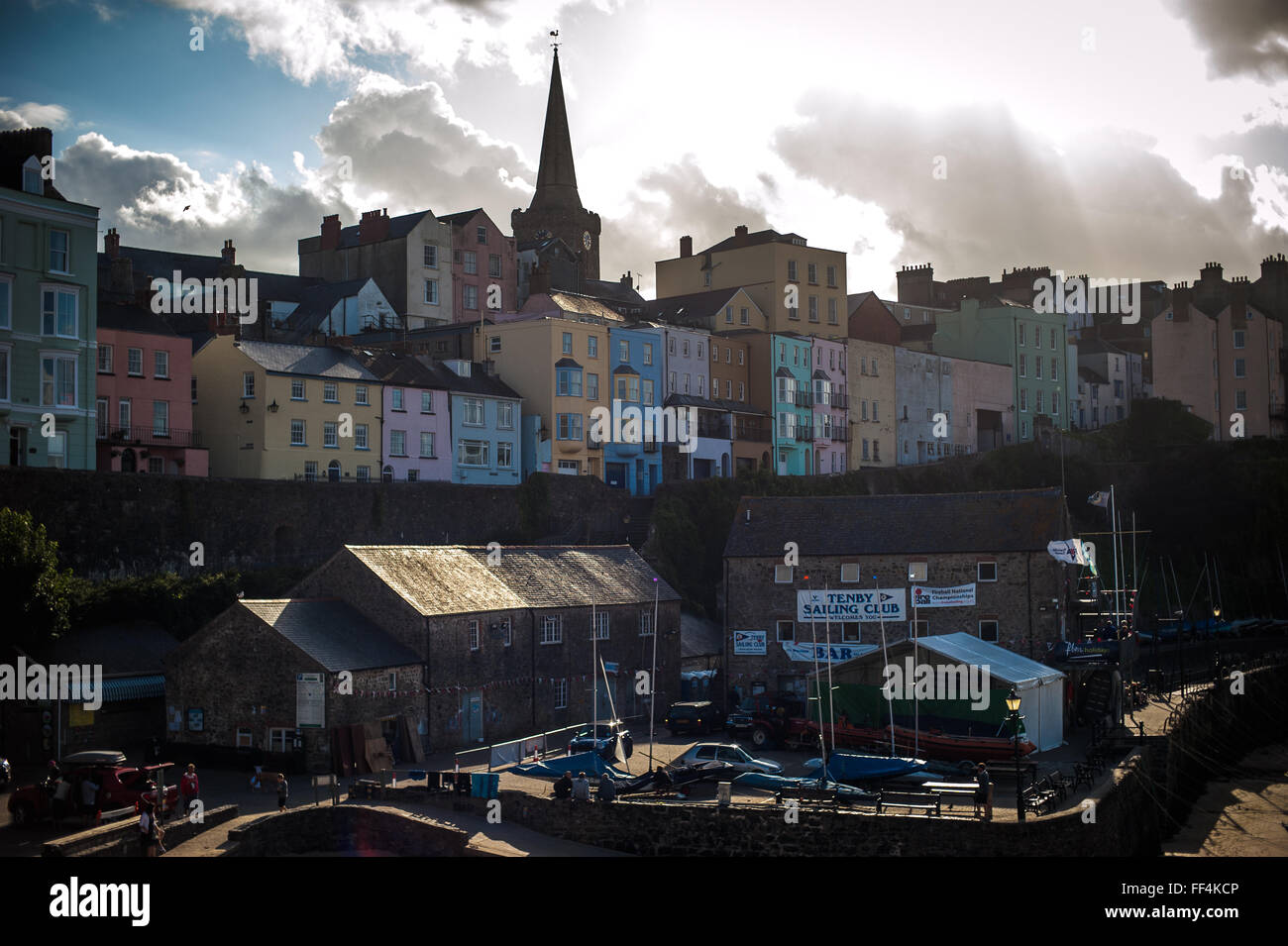 Contre-jour, late afternoon view of Tenby, Wales Stock Photo