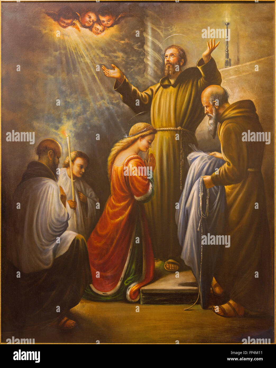 CORDOBA, SPAIN - MAY 27, 2015: St. Francis of Assisi at the ordination of st. Clara, by unknown artist, 20. century Stock Photo