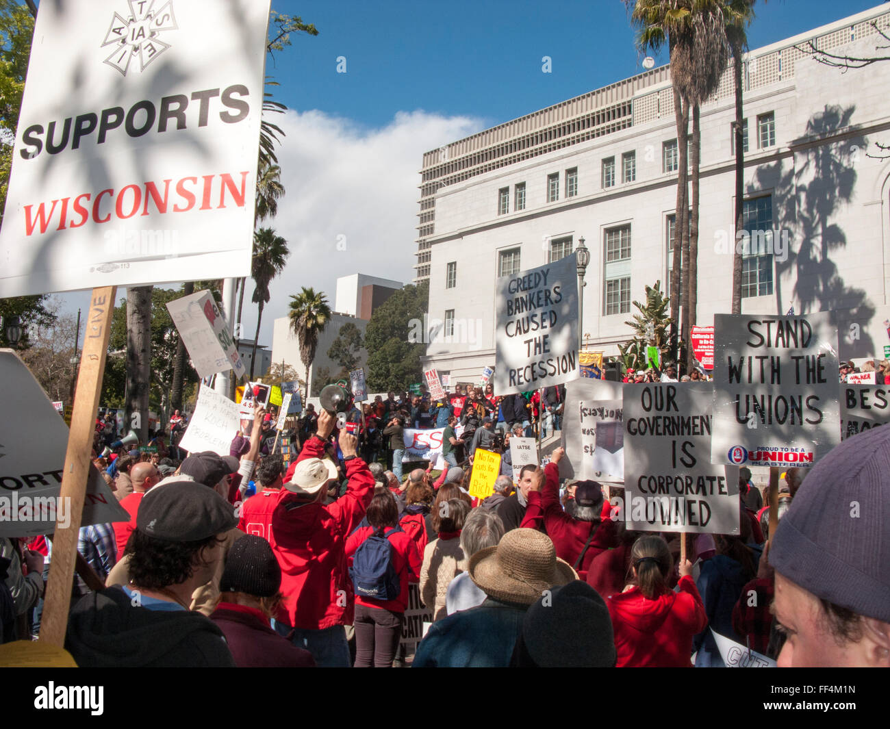 Union labor Community protest rally Downtown Los Angeles, CA California Stock Photo