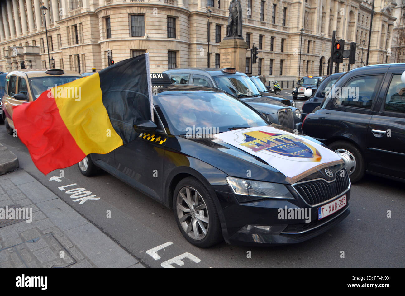 London, UK, 10 February 2016, German taxi joins the protest in Whitehall. Approximately 8000 cabs blocked the road from Trafalgar Square, Whitehall and Westminster Bridge as a protest against the app Uber and TFL issuing mini-cab licences. Credit:  JOHNNY ARMSTEAD/Alamy Live News Stock Photo
