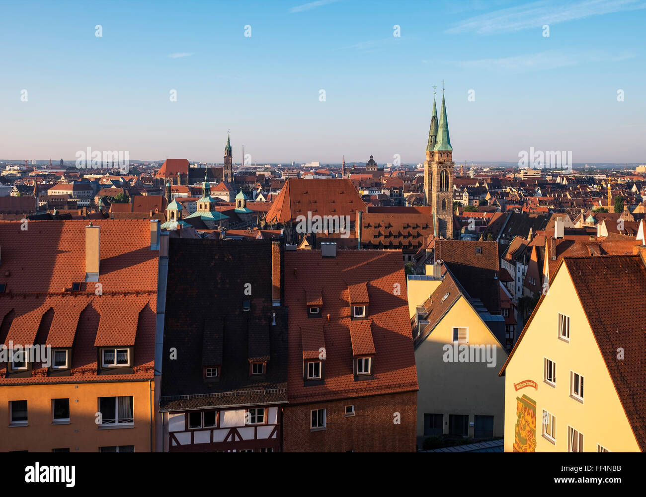 View from castle on the historic centre, front St. Sebaldus Church, behind St. Lorenz, Nuremberg, Middle Franconia, Franconia Stock Photo