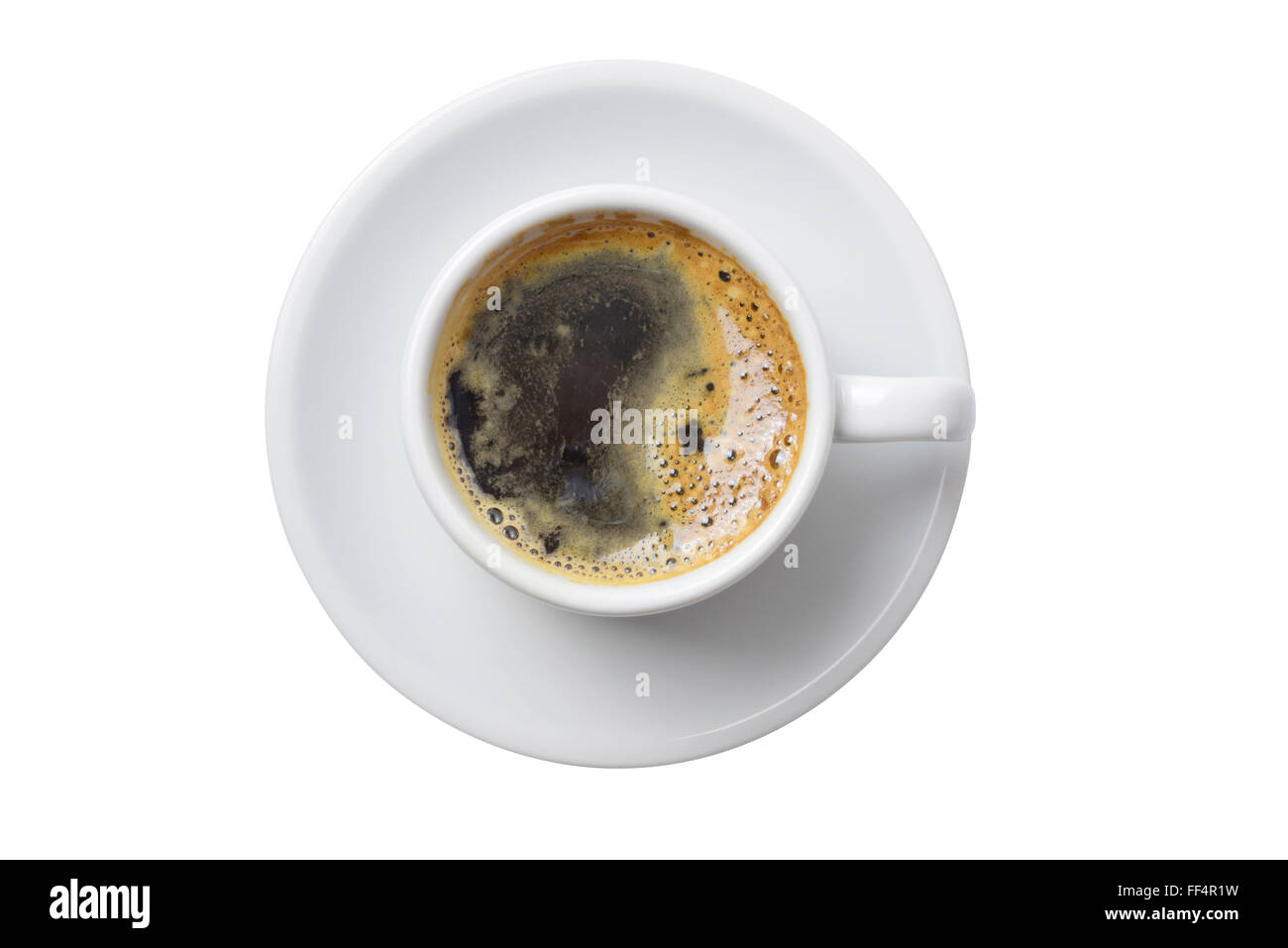 Single cup of coffee top view with plate isolated on empty white background. Clipping path included. Stock Photo