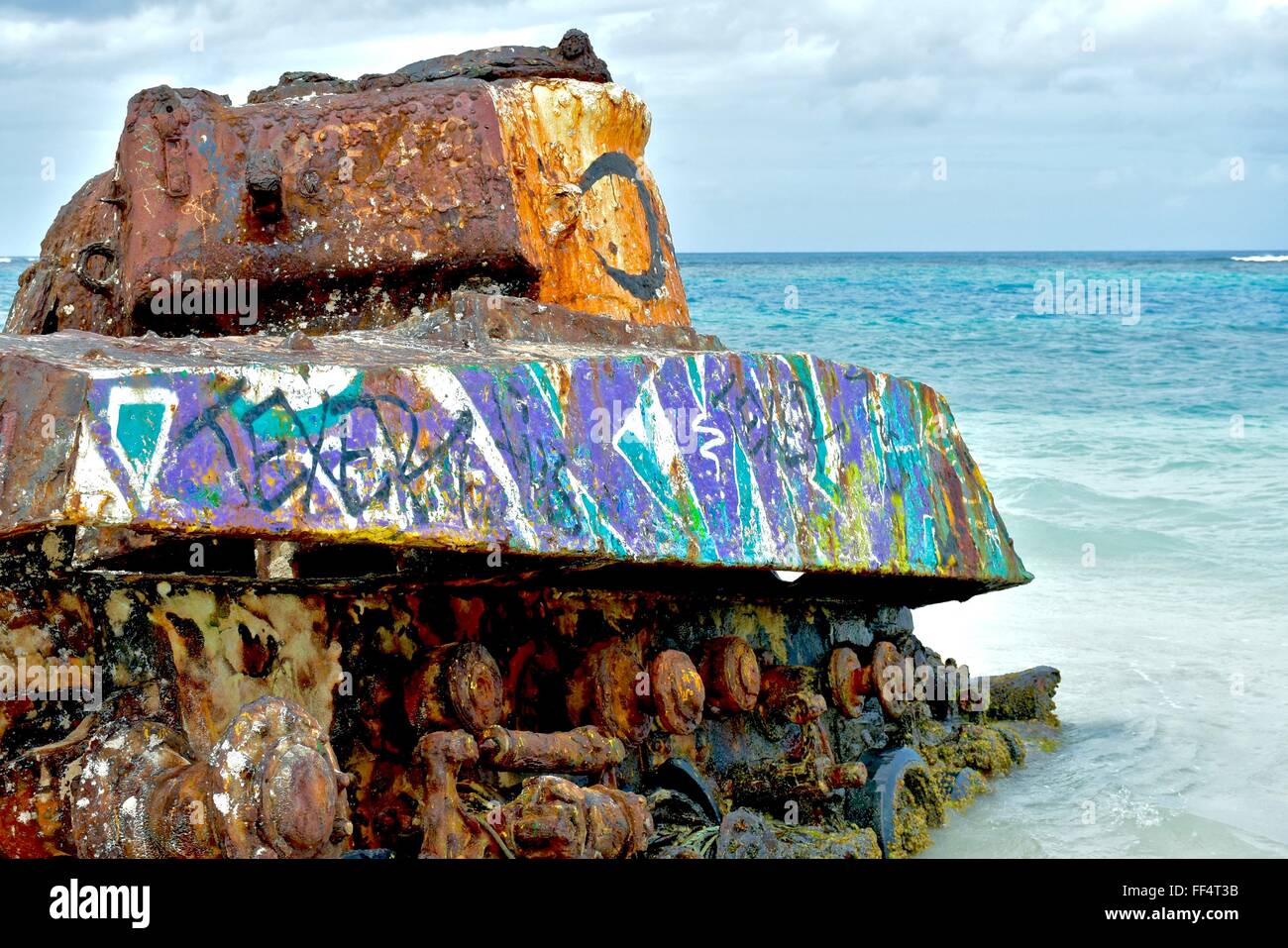 Old military tank abandoned on Flamenco beach of Culebra island, Puerto Rico, USA Stock Photo