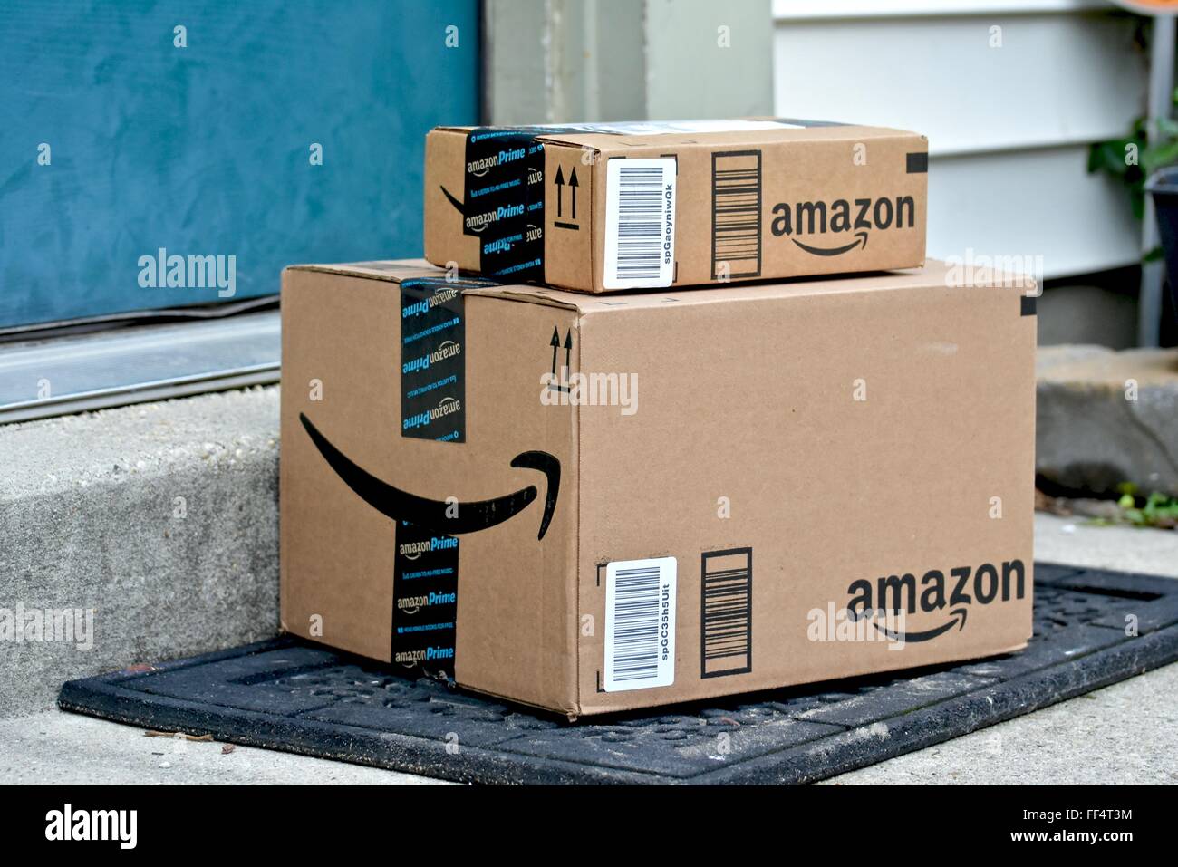 Amazon boxes delivered to a home Stock Photo