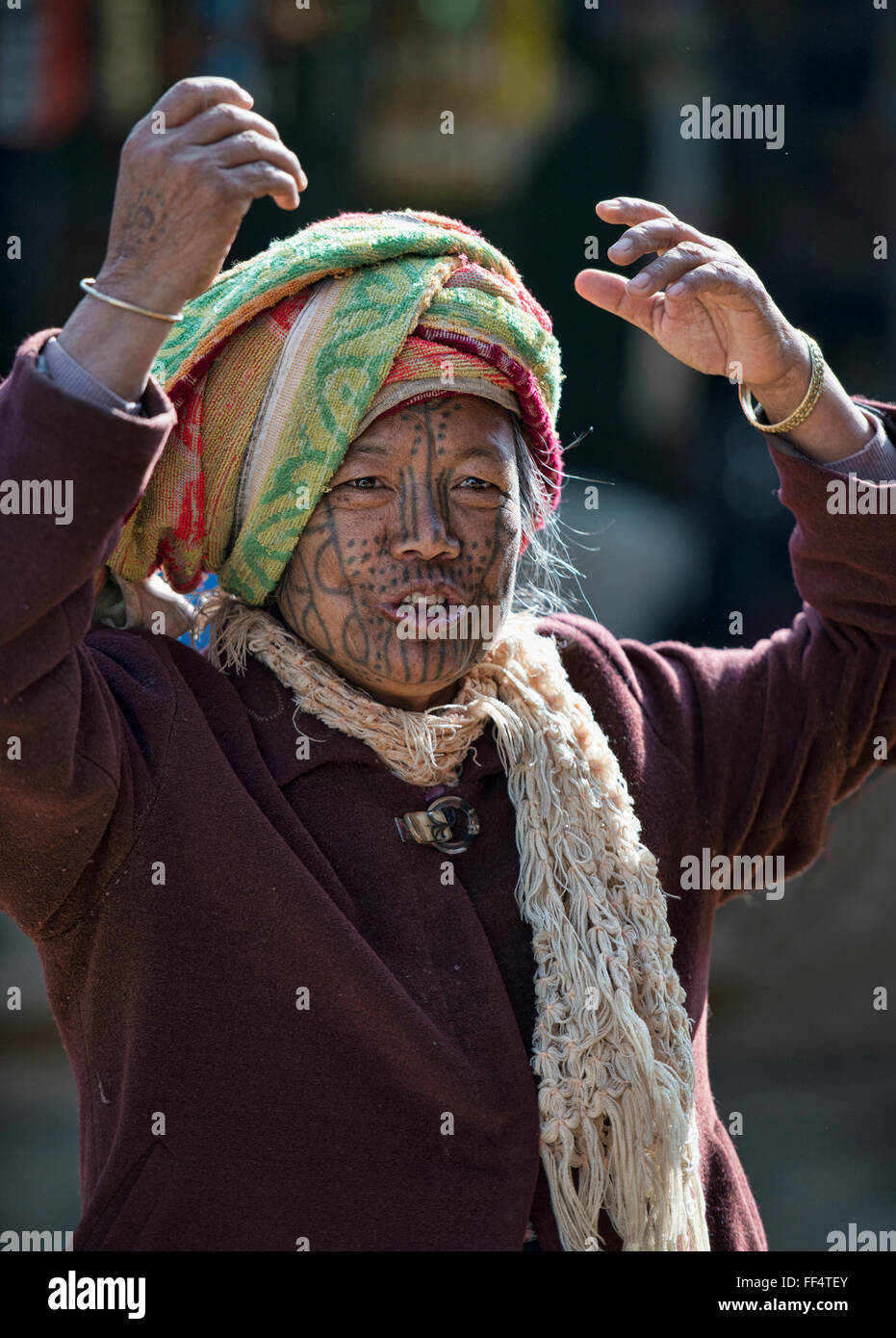 A Muun Chin woman with face tattoos, Mindat, Myanmar. Stock Photo