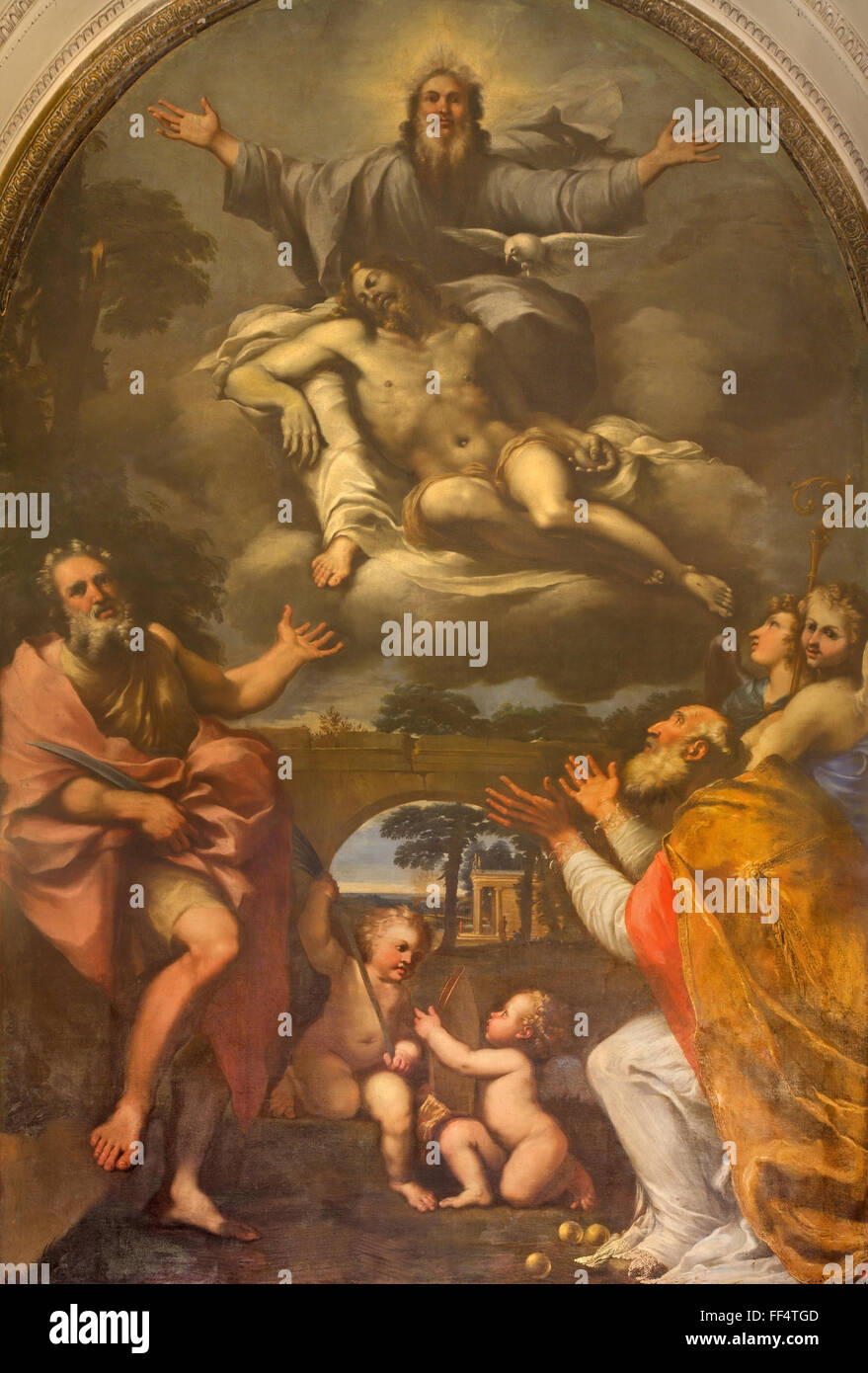 ROME, ITALY - 2015: The paint of holy Trinity and the saints Bartholomew and Nicholas of Bari by Giovanni Angelo Canini (1644). Stock Photo