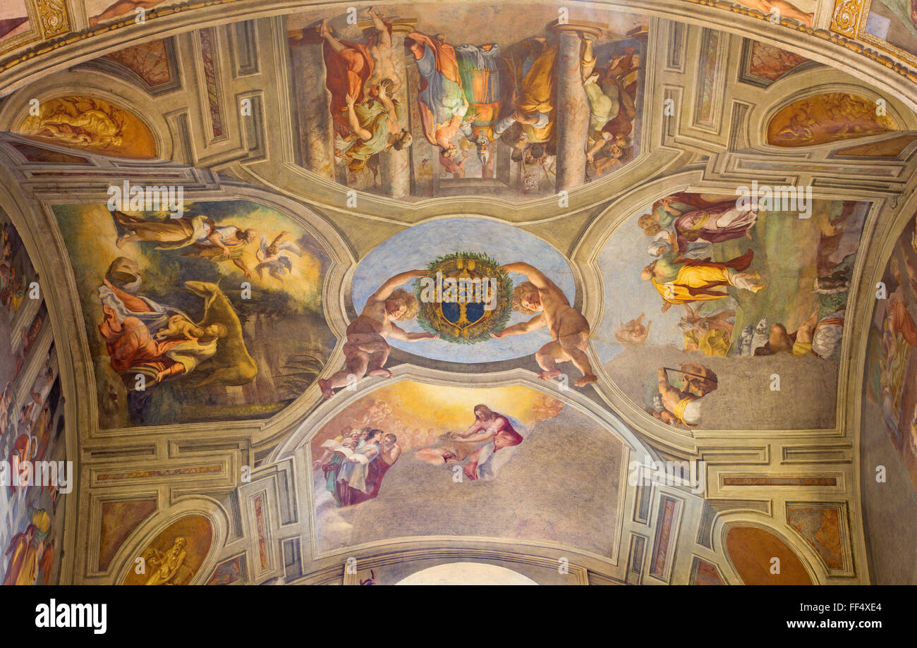 ROME, ITALY - MARCH 25, 2015: The ceiling fresco with motives from life of Virgin Mary by Pellegrino Tibaldi and Marco dal Pino Stock Photo
