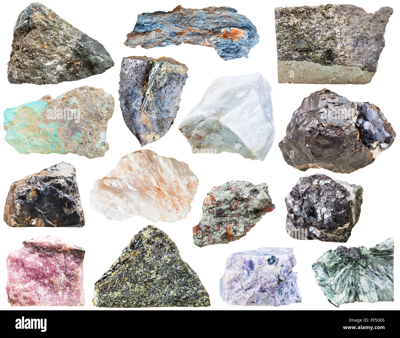 collection of natural mineral rock stones - turquoise, sphalerite, flint, epidote, vivianite, , clinochlore, rhodusite, arsenopy Stock Photo