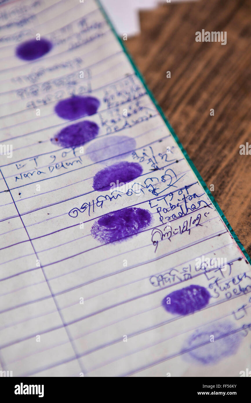 The finger prints of people registering for birth certificates from a rural slum in the Orissa district of India gets legal advice and birth certificates from a Legal Aid Clinic run by the organisation CLAP. Committee for Legal Aid to Poor (CLAP) is a non-profit organisation helping to provide legal aid to the poorer communities in the Orissa district of India. Stock Photo