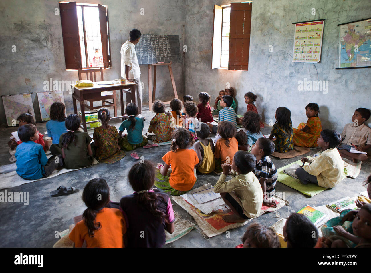 Children from a Dalit community take part in education classes. MSS facilitate programs targeting children of rural communities in the Maharjganj district. Stock Photo