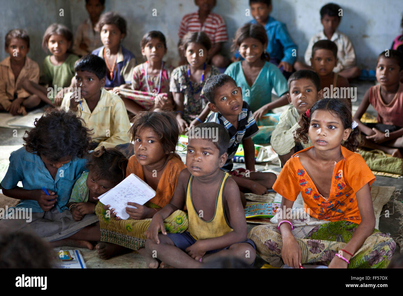 Children from a Dalit community take part in education classes. MSS facilitate programs targeting children of rural communities in the Maharjganj district. Stock Photo