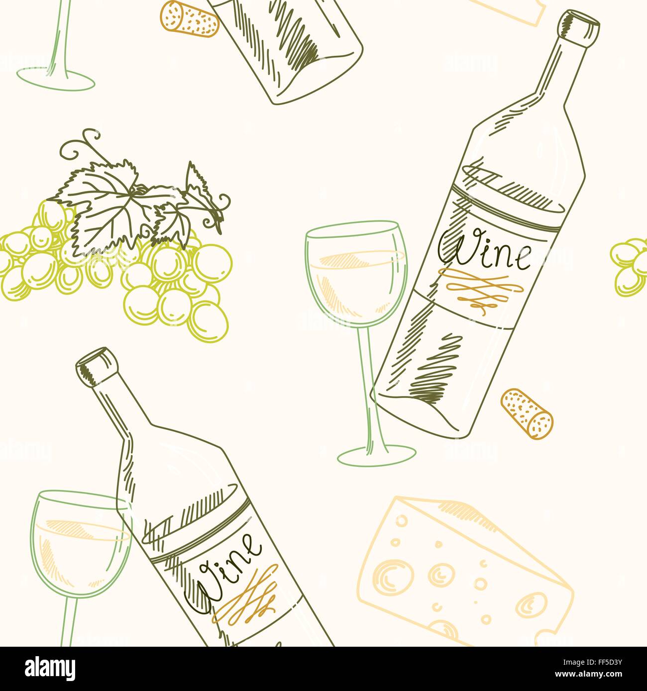 Bottle of wine, grapes and cheese Stock Vector