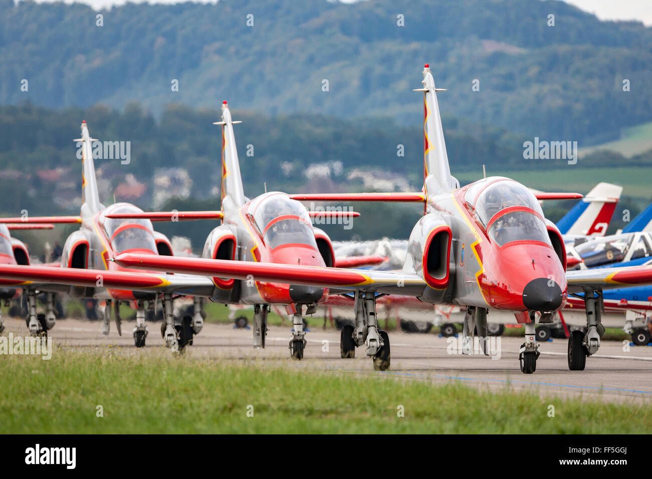 CASA C-101 Aviojets of “Patrulla Aguila” the formation aerobatic team of the Spanish Air force. Stock Photo