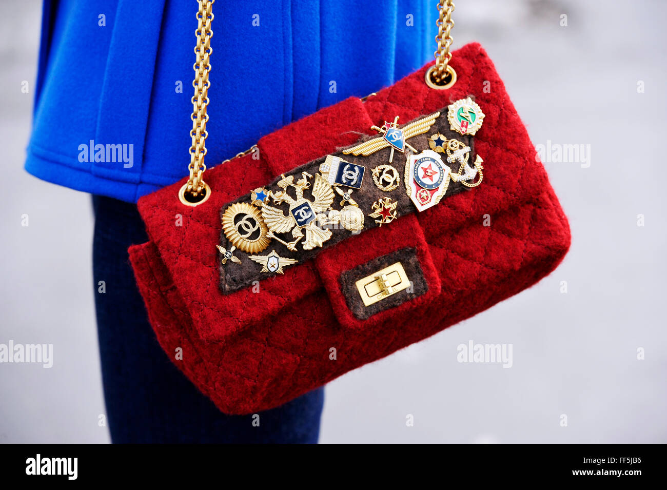 Red Chanel Bag with badges - Paris Fashion Week clutches and bags Stock  Photo - Alamy