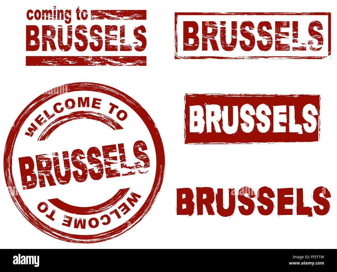 Set of stylized ink stamps showing the city of Brussels Stock Vector