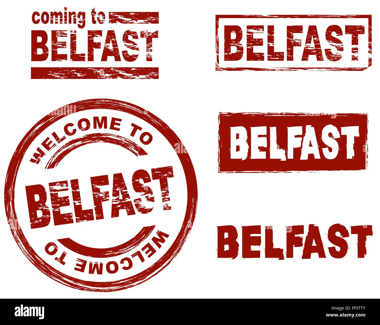Set of stylized ink stamps showing the city of Belfast Stock Vector