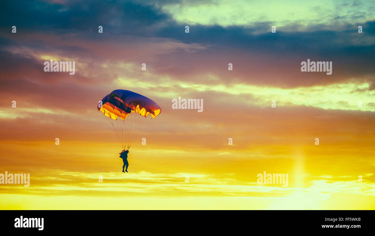 Skydiver On Colorful Parachute In Sunny Sunset Sky. Active Hobbies Stock Photo