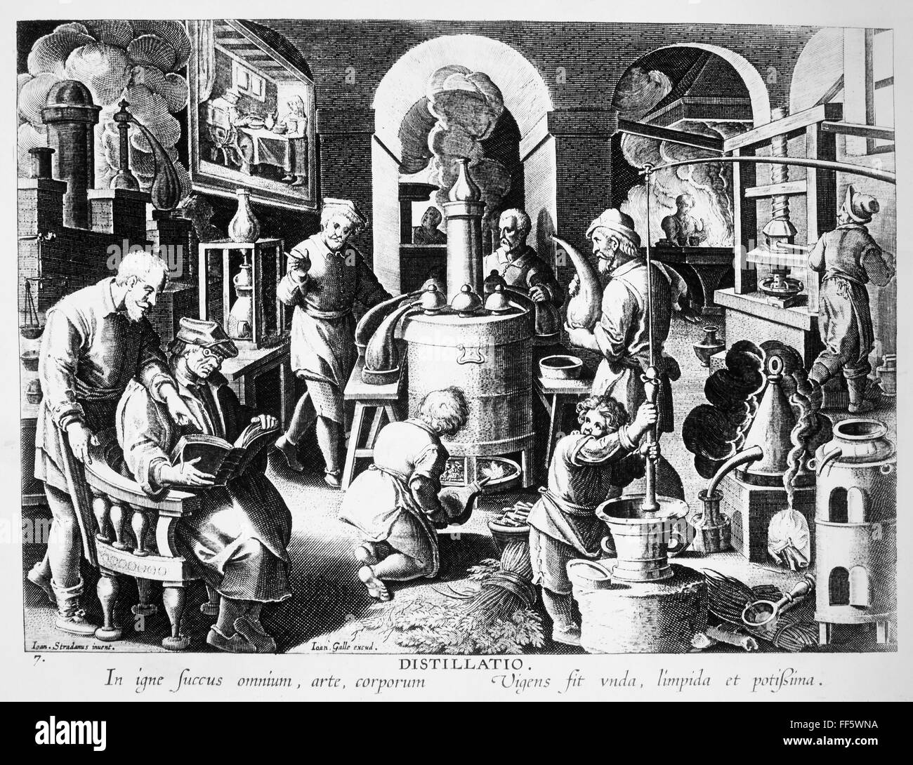 ALCHEMY: LABORATORY. /nAn alchemist (seated left wearing eyeglasses) and his assistants. Copper engraving by Joan Galle after Stradanus (1523-1605). Stock Photo