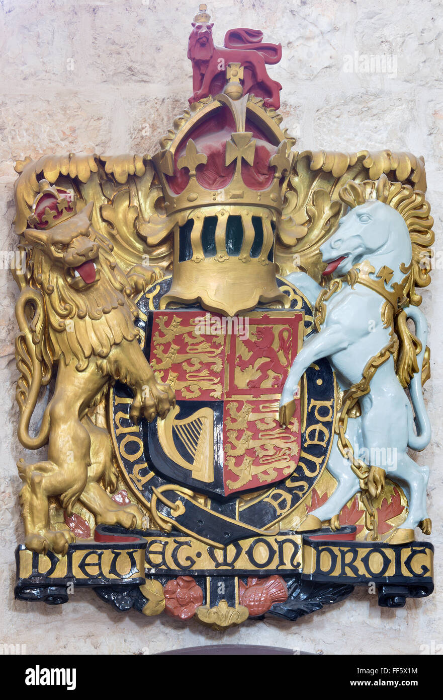 JERUSALEM, ISRAEL - MARCH 5, 2015: The relief of England royal arms in St. George anglicans church from year 1948. Stock Photo
