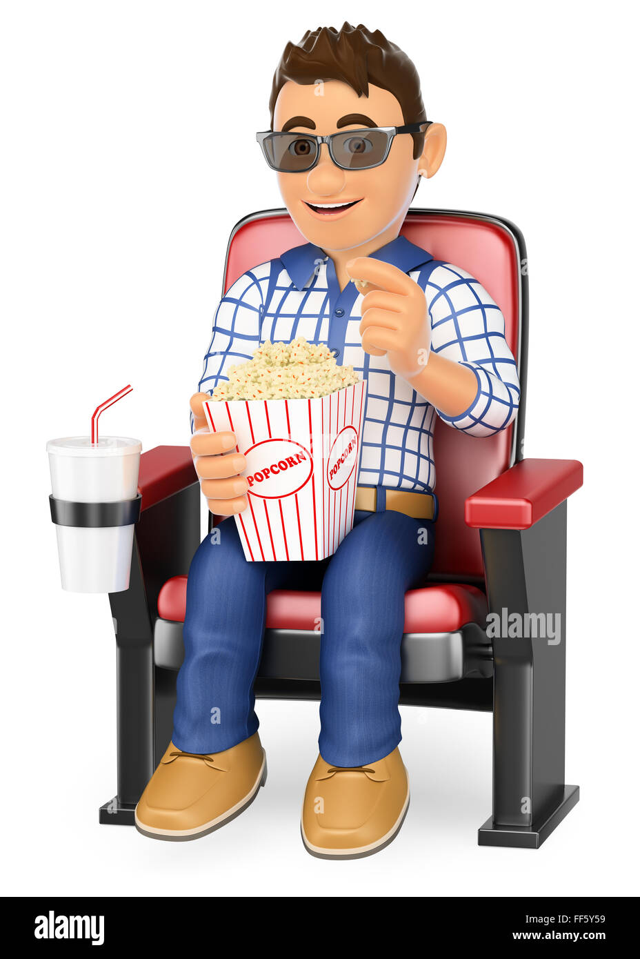 3d young people. Young teen in the cinema with popcorn and drink. Isolated white background. Stock Photo