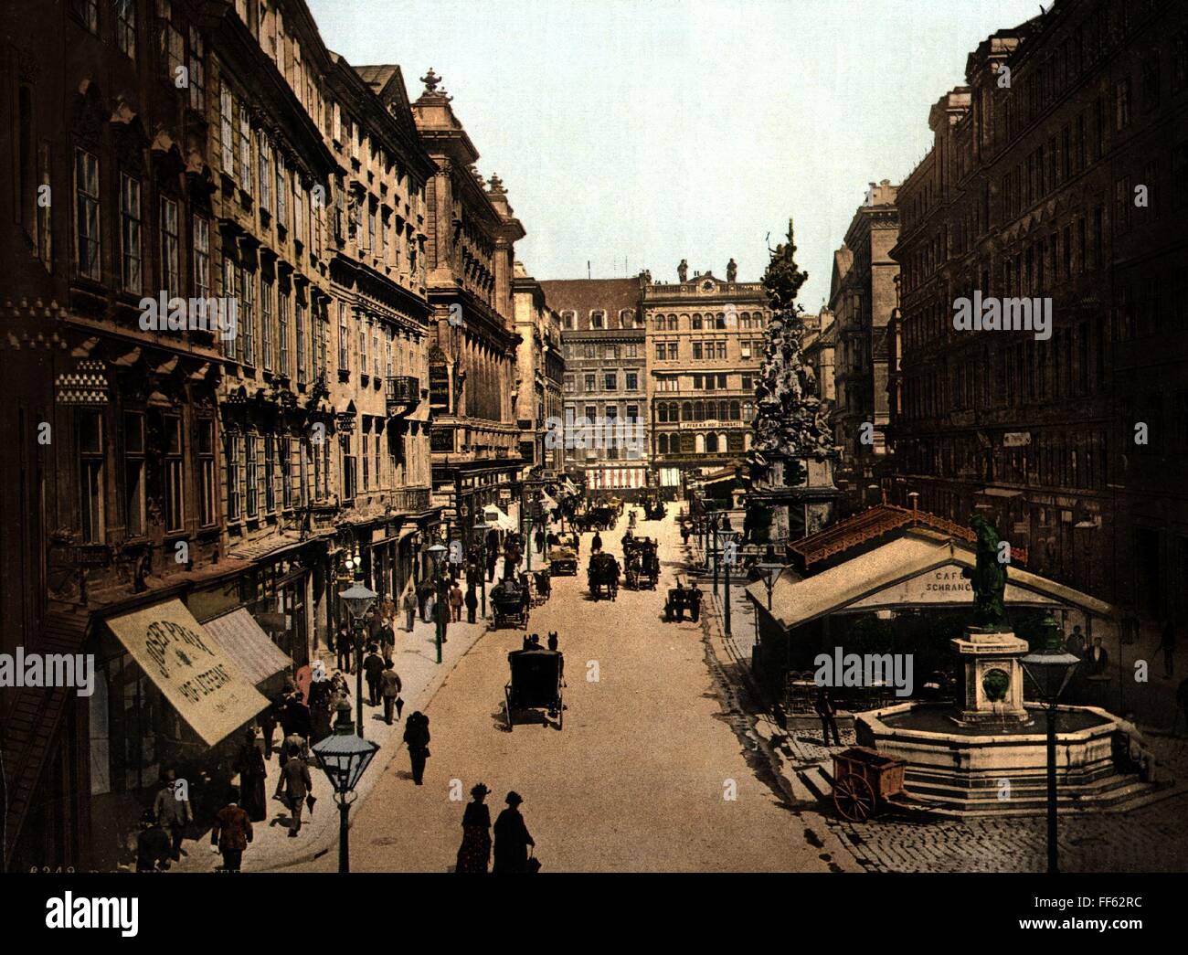 geography / travel, Austria, Vienna, Der Graben, coloured, historic, historical, at the turn of the 19th / 20th century, coach, carriage, coaches, carriages, traffic volume, fountain, cart, Venetian blind, blinds, sunblind, awning, marquee, sunblinds, awnings, marquees, inner city, midtown, city centre, town centre, urban core, old town, capital, metropolis, street scene, street scenes, pedestrian, pedestrians, passer-by, passerby, passers-by, Central Europe, people, Additional-Rights-Clearences-Not Available Stock Photo