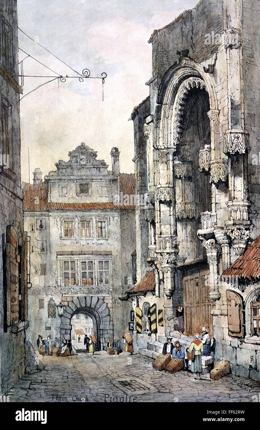 geography / travel, Czechoslovakia, Prague, Thein church, coloured lithograph by Vinzenz Morstadt, 19th century, historic, historical, fine arts, old town, street scene, street scenes, pedestrian, pedestrians, passer-by, passerby, passers-by, inner inner city, midtown, city centre, town centre, urban core, Central Europe, Bohemia, churches, building, buildings, exterior view, people, Additional-Rights-Clearences-Not Available Stock Photo