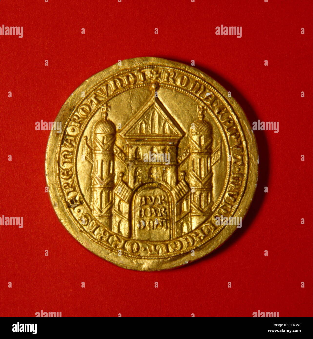 heraldy, seals, golden bull of Emperor Charles VI, 1356, back, view of Rome, Hamburg City Archive, , Additional-Rights-Clearences-Not Available Stock Photo