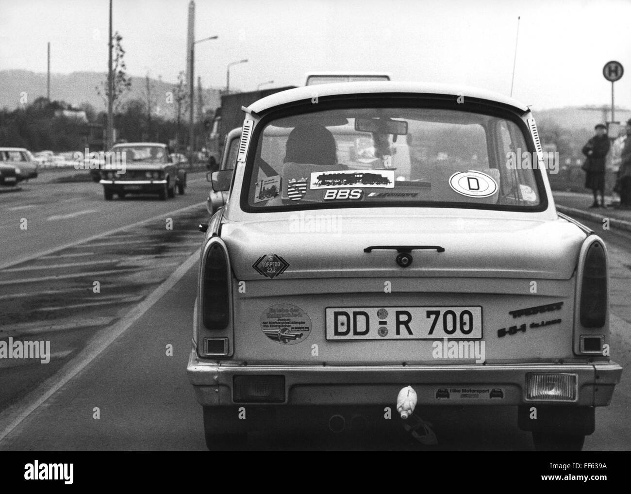 transport / transportation, car, vehicle variants, Sachsenring Trabant 601, in Dresden, December 1991, Trabbi, street, streets, vehicle, vehicles, motor car, auto, automobile, motorcar, motorcars, autos, automobiles, passenger cars, passenger coach, passenger car, Saxony, Germany, 1990s, 90s, 20th century, people, transport, transportation, car, cars, vehicle variants, vehicle variants, historic, historical, Additional-Rights-Clearences-Not Available Stock Photo
