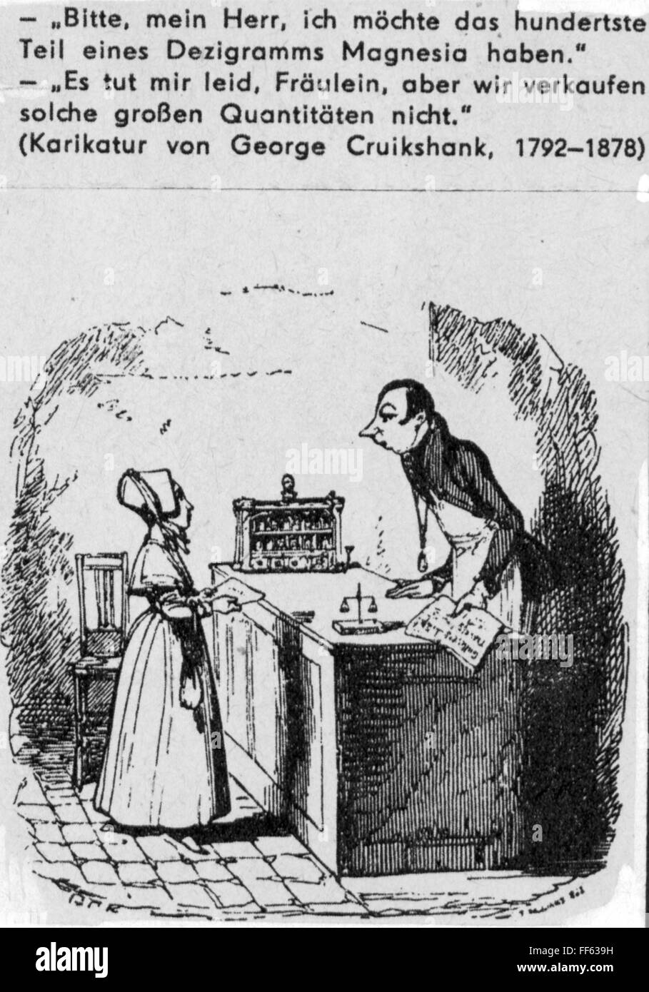 medicine,homeopathy / allopathy,female customer in homeopathic apothecary,drawing by George Cruikshank(1792 - 1878),19th century,19th century,graphic,graphics,caricature,caricatures,humor,humour,satire,half length,standing,customer,customers,buyer,active buyers,pharmacies,drugstore,chemist's shop,drugstores,chemist's shops,drug store,drug stores,apothecary,dispensing chemist,druggist,apothecaries,dispensing chemists,druggists,buying,purchase,buy,purchasing,medicinal drug,medicament,drugs,medication,pill,tablet,pills,t,Additional-Rights-Clearences-Not Available Stock Photo