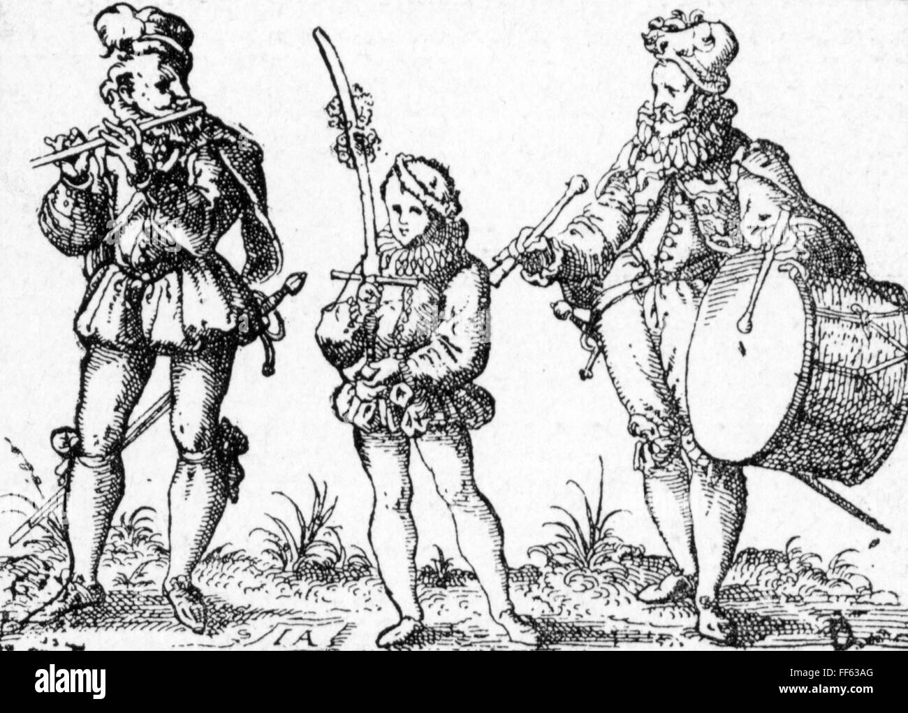 music, musician, bandsman, flute player and drummer, in between a boy with a sabre, copper engraving, 16th century, flutist, flutists, whistler, whistlers, drum player, drum, drums, pipe, pipes, transverse flute, transverse flutes, musical instrument, musical instruments, key, keys, wind instruments, wind instrument, aerophone, percussion instrument, percussion instruments, membranophone, make music, play music, making music, playing music, makes music, plays music, made music, played music, playing, play, fashion, clothes, headpiece, headpieces, hat, , Artist's Copyright has not to be cleared Stock Photo