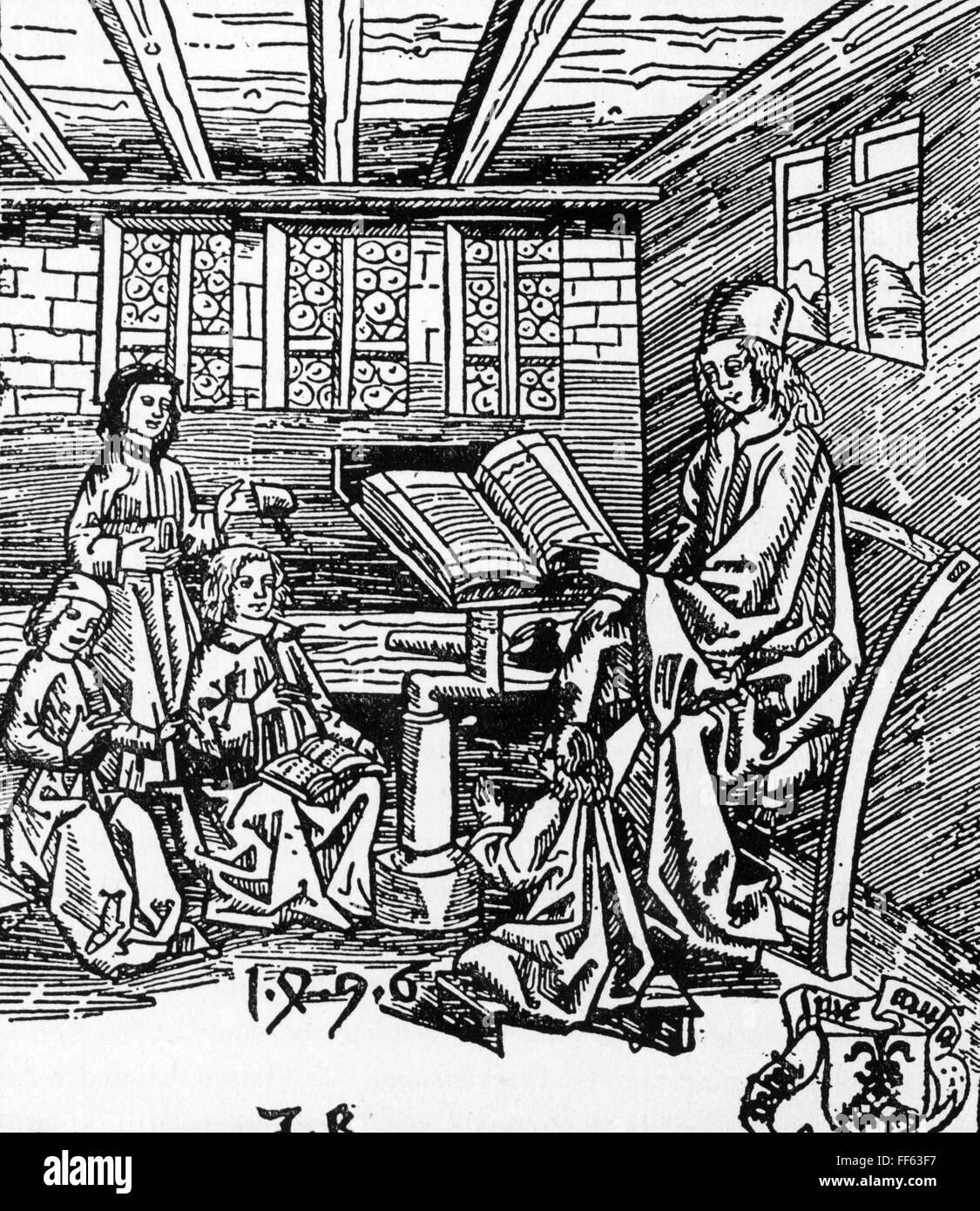 pedagogy, school / lessons / discipline, teacher with pupils, woodcut by master JB, 1496, Additional-Rights-Clearences-Not Available Stock Photo