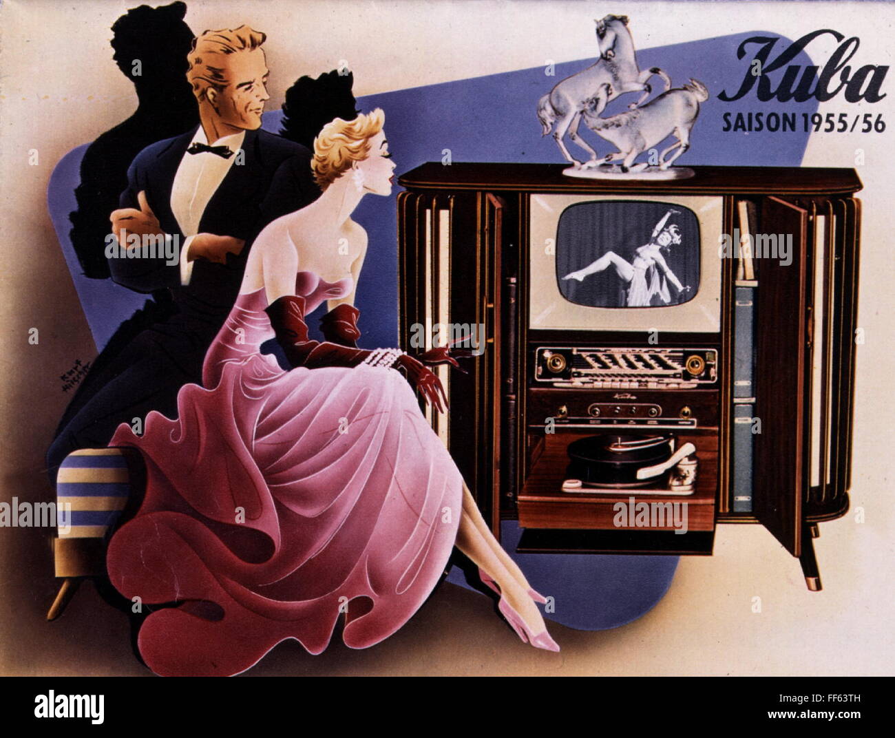 broadcast, television, couple watching TV, television radio phono chest by Kuba, advertsing brochure, Germany, 1955/1956, Additional-Rights-Clearences-Not Available Stock Photo