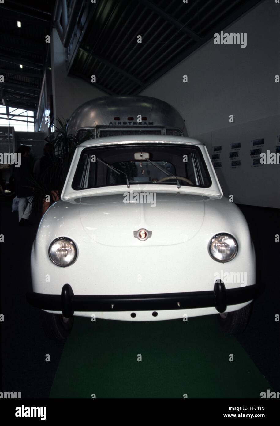 transport / transportation, car, vehicle variants, Goggomobil, white, front view, 1950s, 50s, 20th century, historic, historical, caravan, trade fair, trade fairs, car, cars, automobile, automobiles, minicar, bubble car, veteran car, classic car, vintage car, veteran cars, classic cars, vintage cars, frontal, 1990s, Additional-Rights-Clearences-Not Available Stock Photo