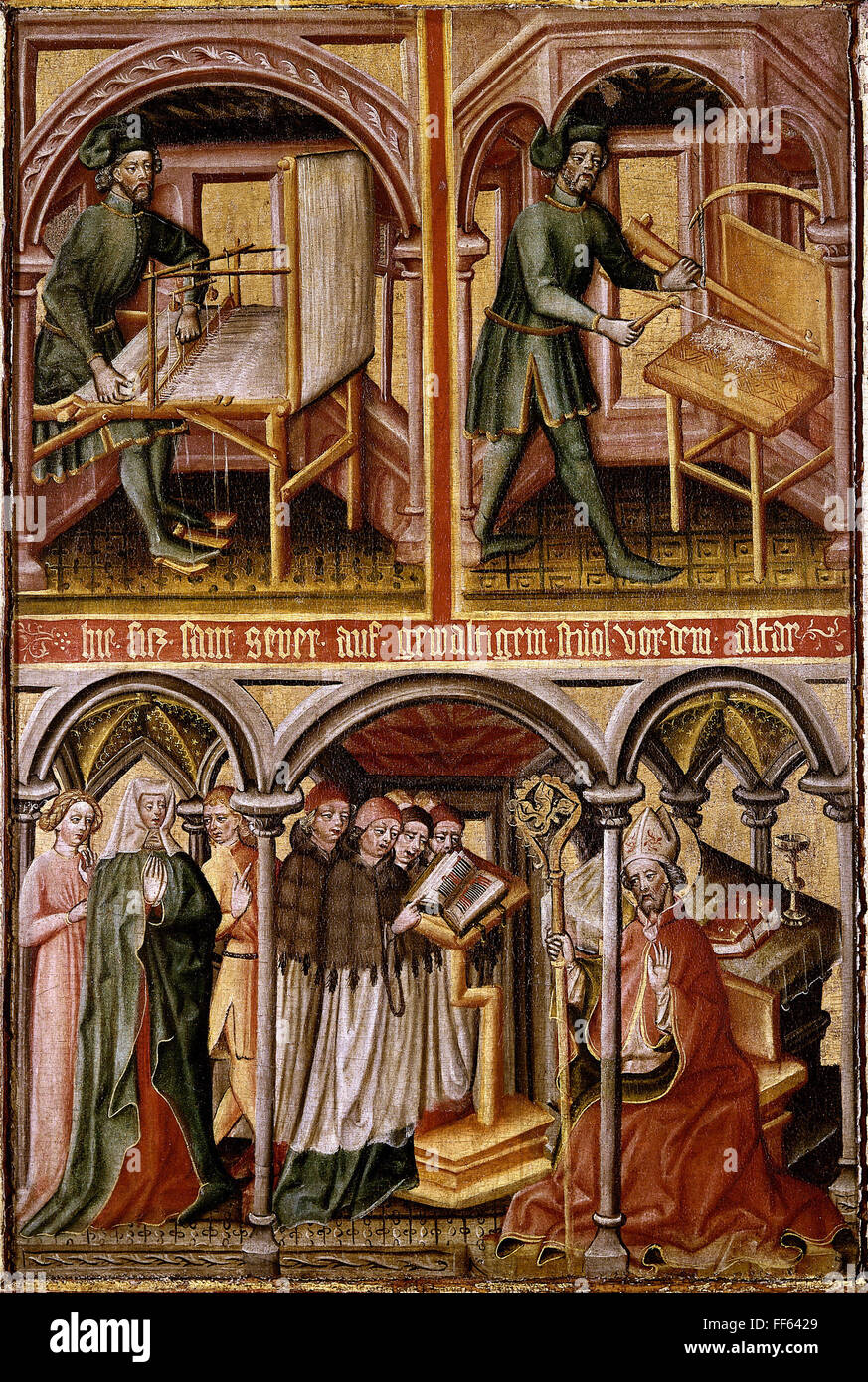 craft / handcraft, weaver and wool manufacturer, painting, triptych of the weaving guild with legend of Saint Severinus, Master of Regensburg, circa 1456, Additional-Rights-Clearences-Not Available Stock Photo