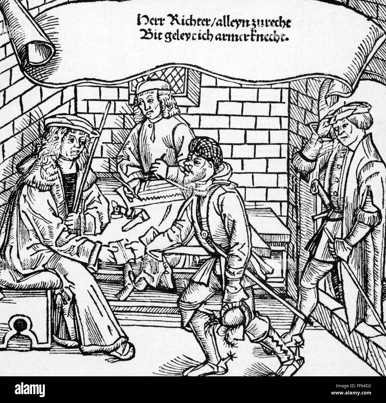 justice, judges, handing over a letter of safe-conduct, woodcut, from: Johann von Schwarzenberg (1463 - 1528), 'Bambergische Peinliche Halsgerichtsordnung' (Constitutio Criminalis Bambergensis), Mainz, 1510, Additional-Rights-Clearences-Not Available Stock Photo