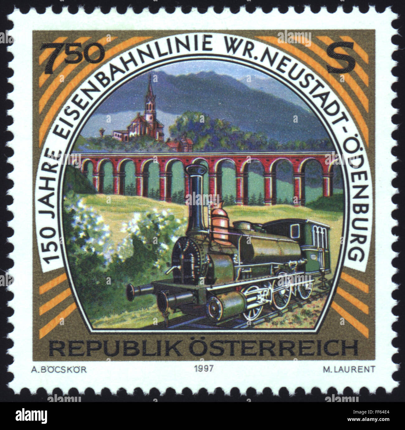 transport / transportation, railway, steam engine, postage stamp of the Republic of Austria commemorating the 150th anniversary of the opening of the railway line from Wiener Neustadt to Sopron, design: A.Böcskör, M.Laurent, 1997, Additional-Rights-Clearences-Not Available Stock Photo