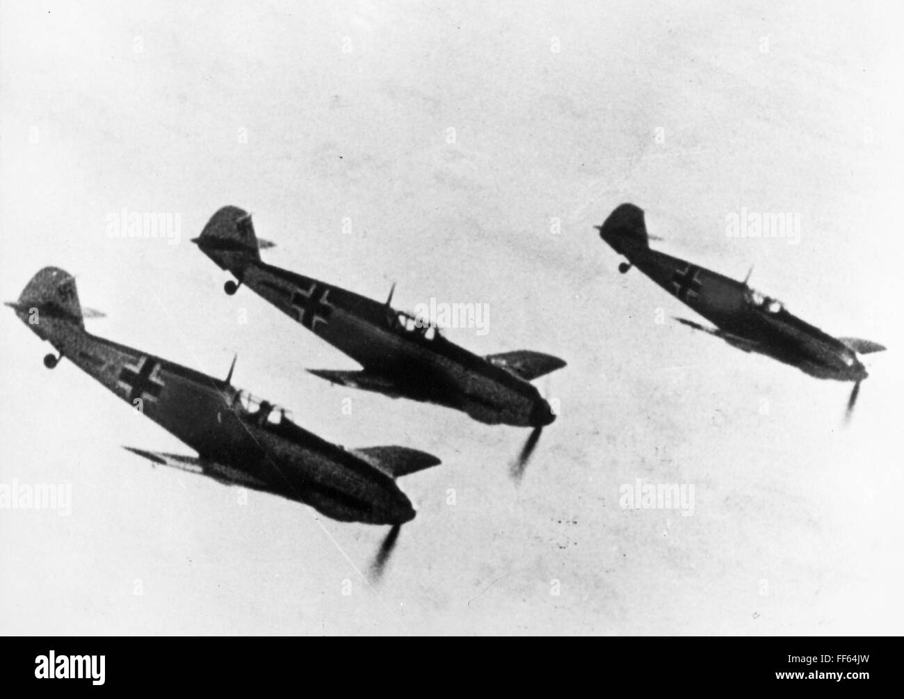 WORLD WAR II: GERMAN PLANE. /nGerman Messerschmitt fighter planes in flight during World War II, 1940. Stock Photo