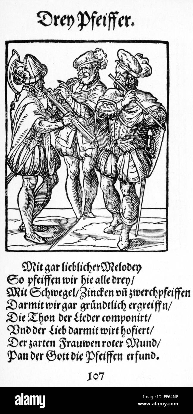 music, musician, 'Three Pipers', copper engraving from the 'Staendebuch' by Jost Amman, 1568, with verse by Hans Sachs, Artist's Copyright has not to be cleared Stock Photo