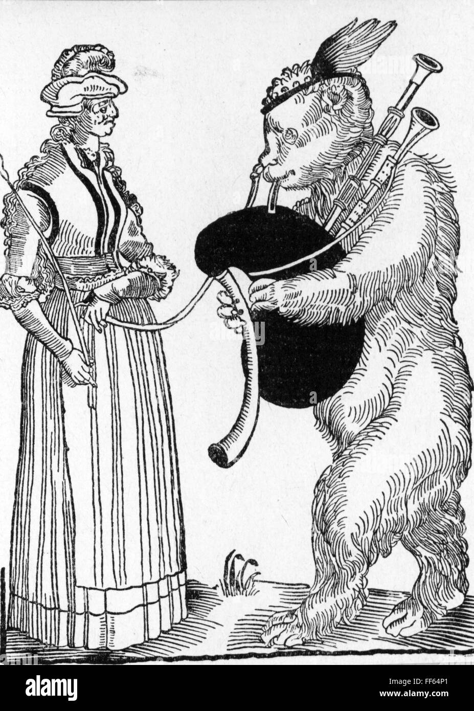 circus,dressage,bear leader and bear with bagpipes,woodcut,Augsburg,16th century,musician,musicians,bagpiper,piper,bagpipers,pipers,bagpipe,musical instrument,musical instruments,wind instruments,wind instrument,woodwind instrument,woodwind instruments,aerophone,make music,play music,making music,playing music,makes music,plays music,made music,played music,playing,play,fashion,clothes,dress,dresses,hat,hats,headpiece,headpieces,animals,animal,Germany,people,woman,women,female,circus,circuses,bear,bears,pipes,pl,Additional-Rights-Clearences-Not Available Stock Photo