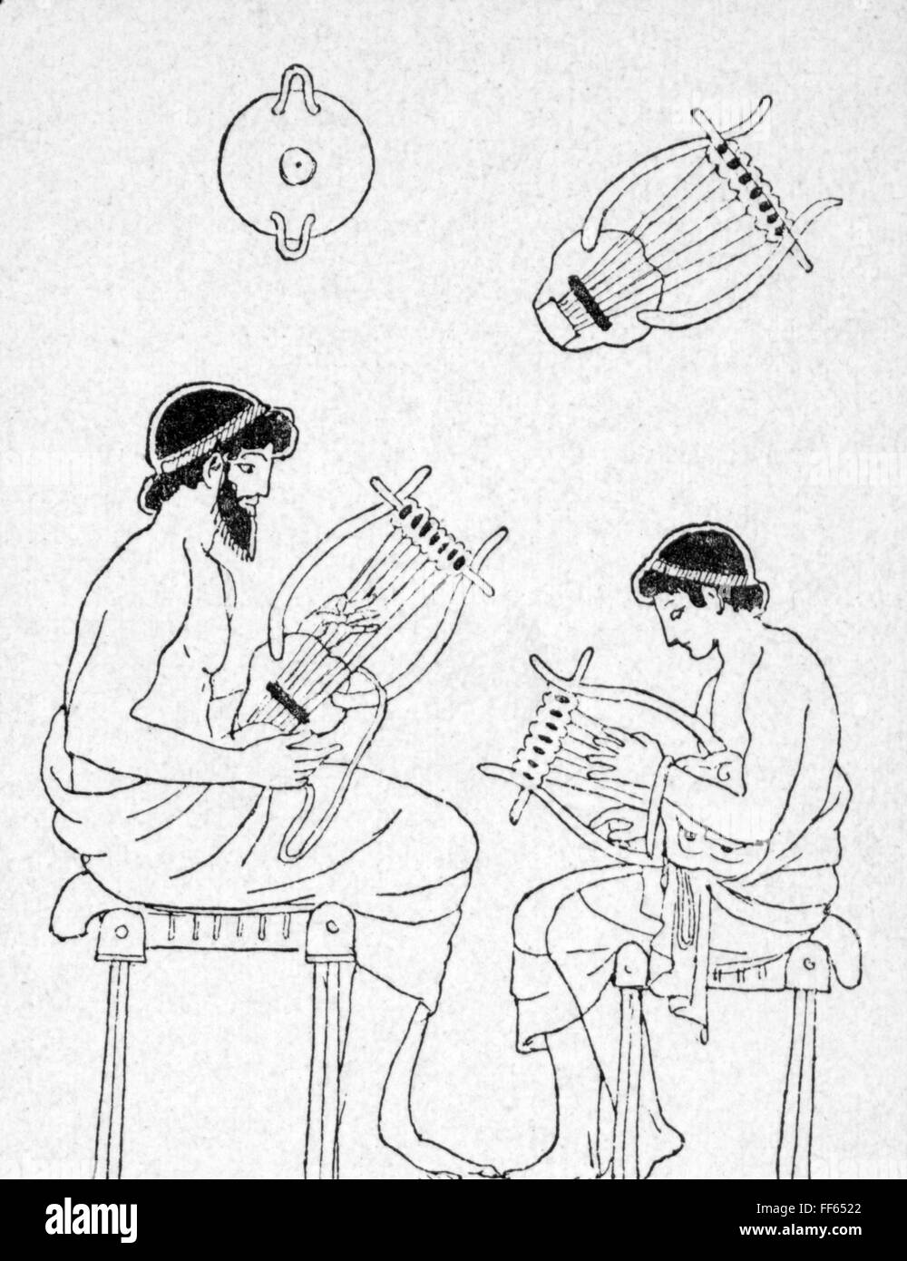 music,musicians,music lessons,teacher and pupil with lyra,Greek vase painting,circa 5th century BC,wood engraving,19th century,lesson,lessons,schooling,schoolings,school,schools,pedagogy,paedagogy,education,musical instrument,musical instruments,stringed instrument,string instrument,stringed instruments,string instruments,plucked instrument,plucked instruments,chordophone,make music,play music,making music,playing music,makes music,plays music,made music,played music,playing,play,furniture,stool,stools,Greece,Greeks,anci,Additional-Rights-Clearences-Not Available Stock Photo