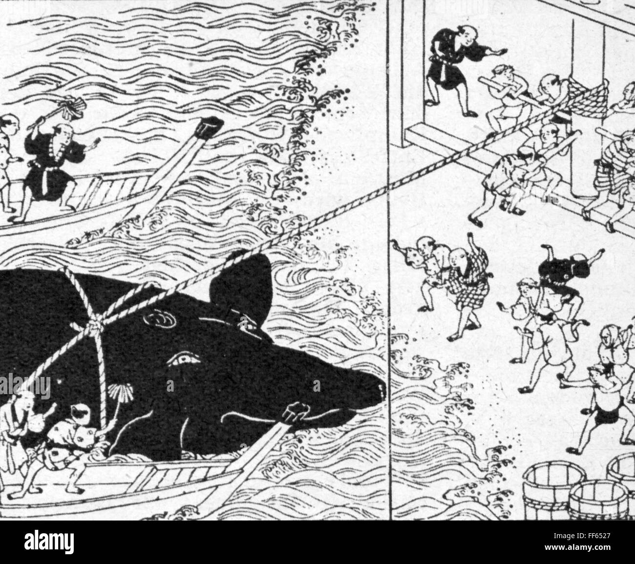 fishery, whaling, a whale is pulled on land under singing, Japanese woodcut, 18th / 19th century, technics, rope, ropes, rope winch, rope winches, whaler, whalers, labour, labor, working, work, Japan, Japanese, people, men, man, male, fishery, fisheries, fishing, whale, whales, singing, singings, pull, pulling, woodcut, woodcuts, historic, historical, Additional-Rights-Clearences-Not Available Stock Photo
