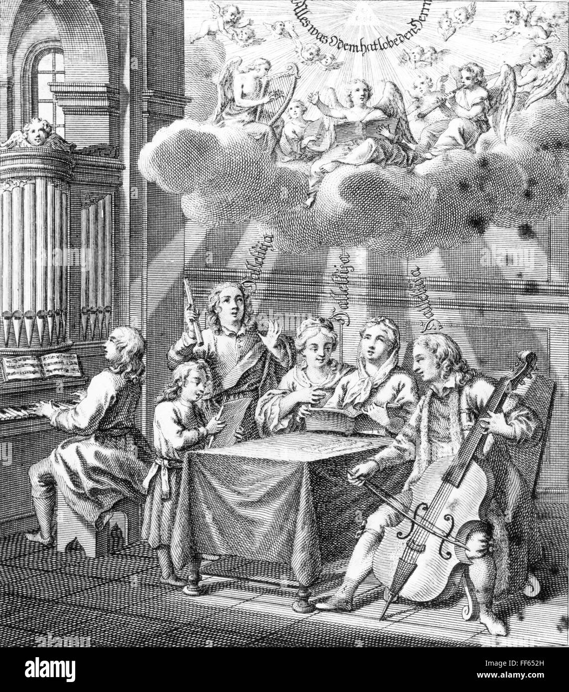 music, allegories, sacred music, 'Everything what has breath shall praise the Lord', copper engraving, Germany, 1st half 18th century, Artist's Copyright has not to be cleared Stock Photo