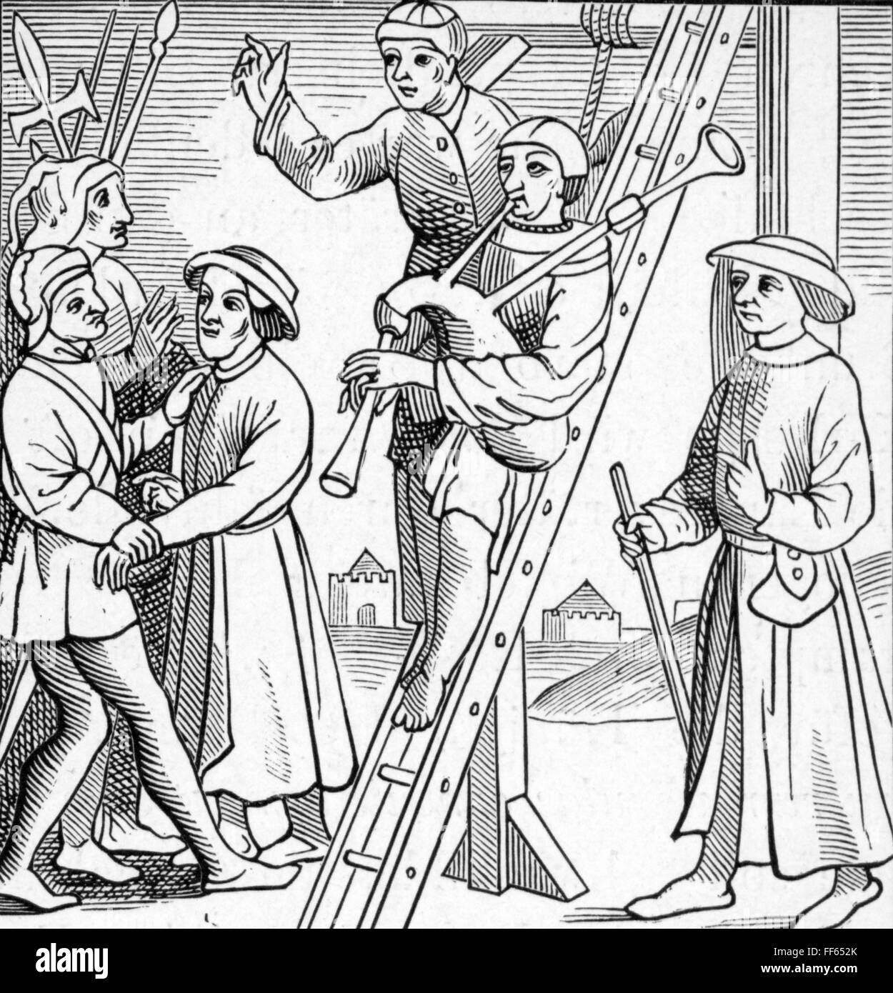 justice,penitentiary system,hanging,a bandsman convicted to deaths says goodbye,a colleague is playing the bagpipes at the gallows,woodcut,Bruges,late 15th century,say goodbye,saying goodbye,says goodbye,said goodbye,hangman,hangmen,hiker,hikers,ladder,ladders,bagpipe,musician,musicians,death penalty,punishment,punishments,musical instrument,instrument,musical instruments,instruments,Middle Ages,Flanders,Belgium,Holy Roman Empire,people,group,groups,hanging,hang,bandsman,bandsmen,taking,you take,takes,took,taken,would,Additional-Rights-Clearences-Not Available Stock Photo