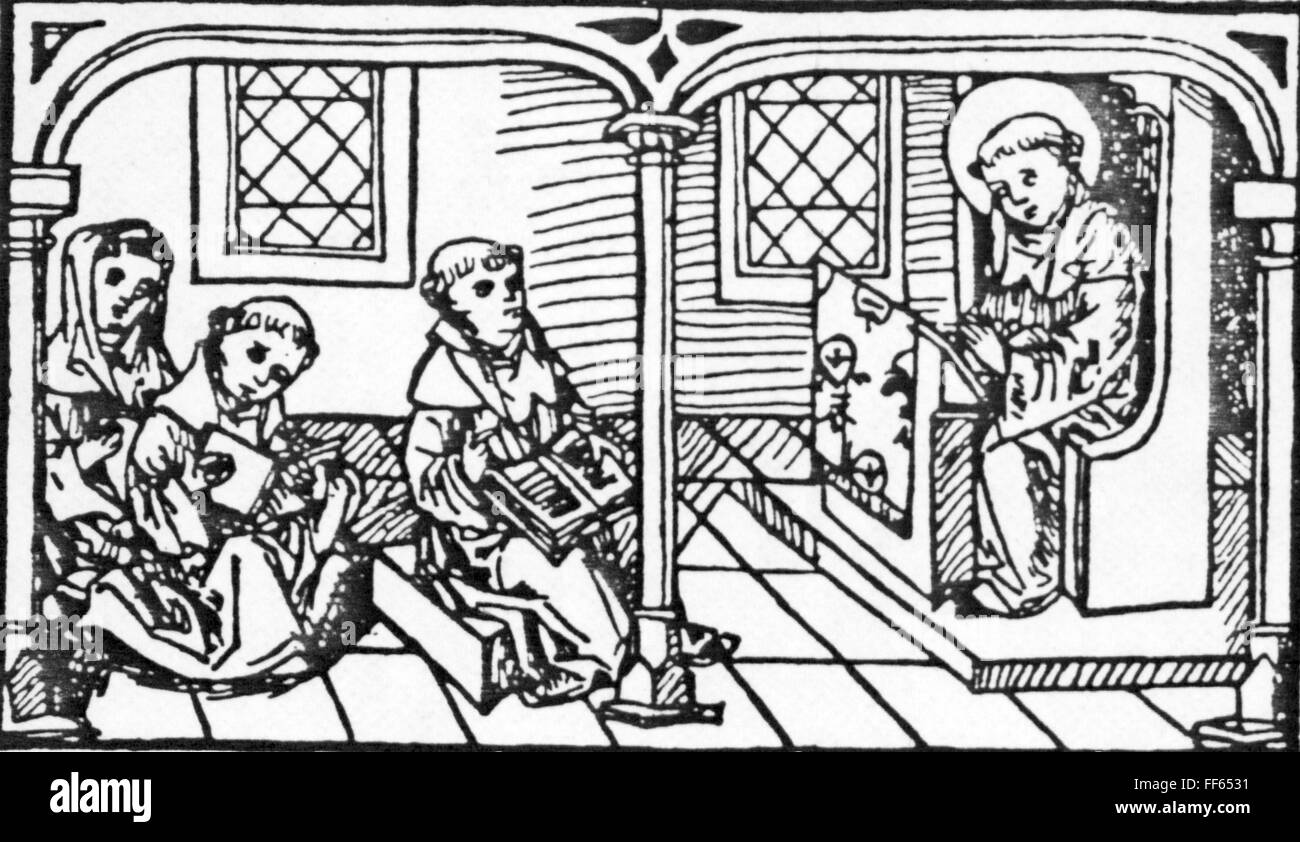 pedagogy, school / lessons / discipline, convent school, woodcut, out of the legend of Saint Meinrad of Einsiedeln, print: Hans Mayr, Nuremberg, 1490, Additional-Rights-Clearences-Not Available Stock Photo