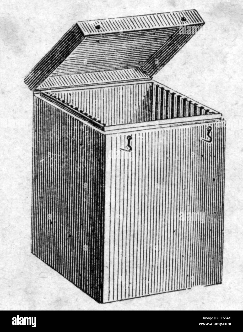 photography, beginnings, box for the storage of glass plates, wood engraving, out of: 'Buch der Erfindungen, Gewerbe und Industrien, publishing house Otto Spamer, Leipzig - Berlin, 1864 - 1867, Additional-Rights-Clearences-Not Available Stock Photo
