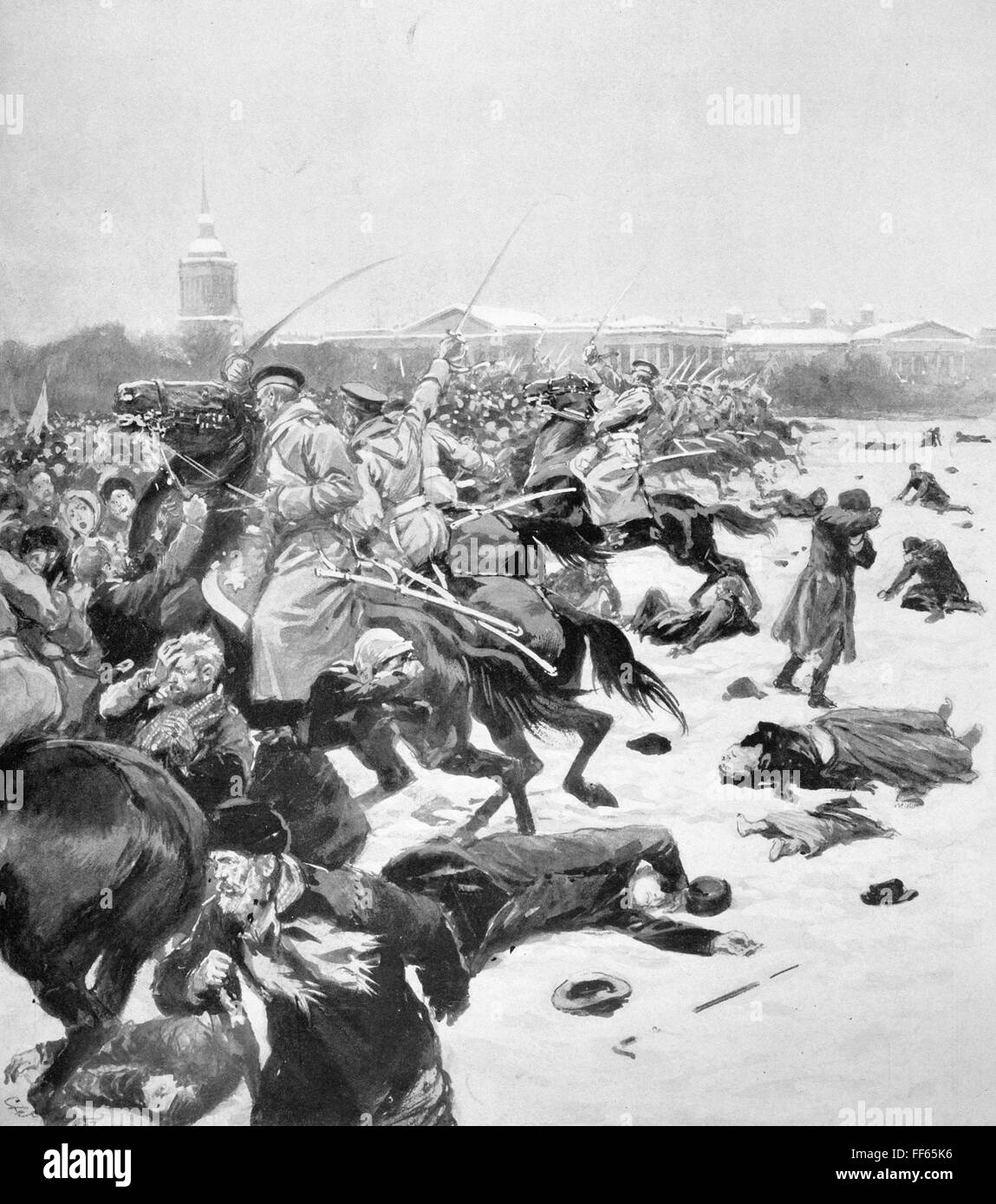 RUSSIA REVOLUTION OF 1905. /nCossacks riding down unarmed factory
