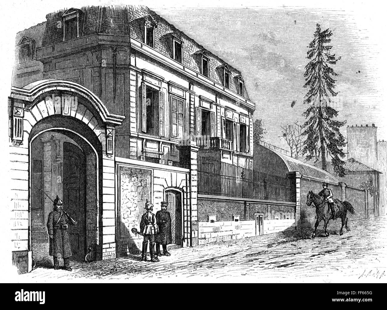 Franco-Prussian War 1870 - 1871, communications zone, quarters of Otto von Bismarck in Versailles, exterior view, wood engraving, 1878, France, Franco Prussian war, house, houses, guard, guard sentry, sentries, Germany, Prussia, wall, walls, communications zone, back area, rear echelon, quarter, quarters, 19th century, historic, historical, people, Additional-Rights-Clearences-Not Available Stock Photo