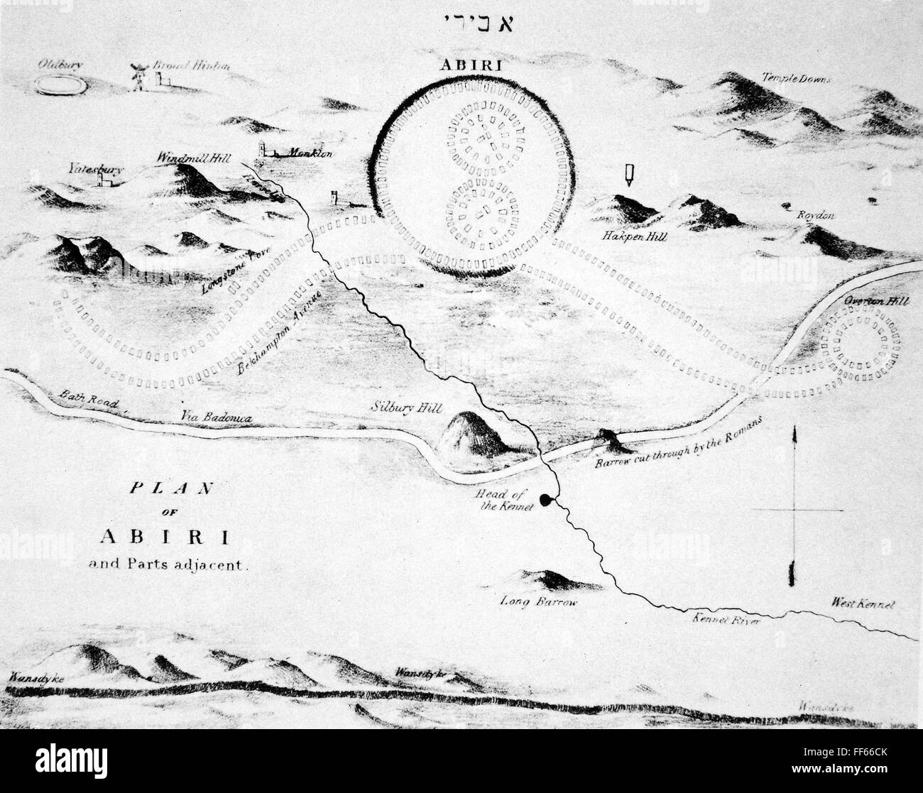 ENGLAND: AVEBURY, c1800. /nPlan of the prehistoric ceremonial site at Avebury Village (known at the time as 'Abiri) in Wiltshire, England, c1800. Stock Photo